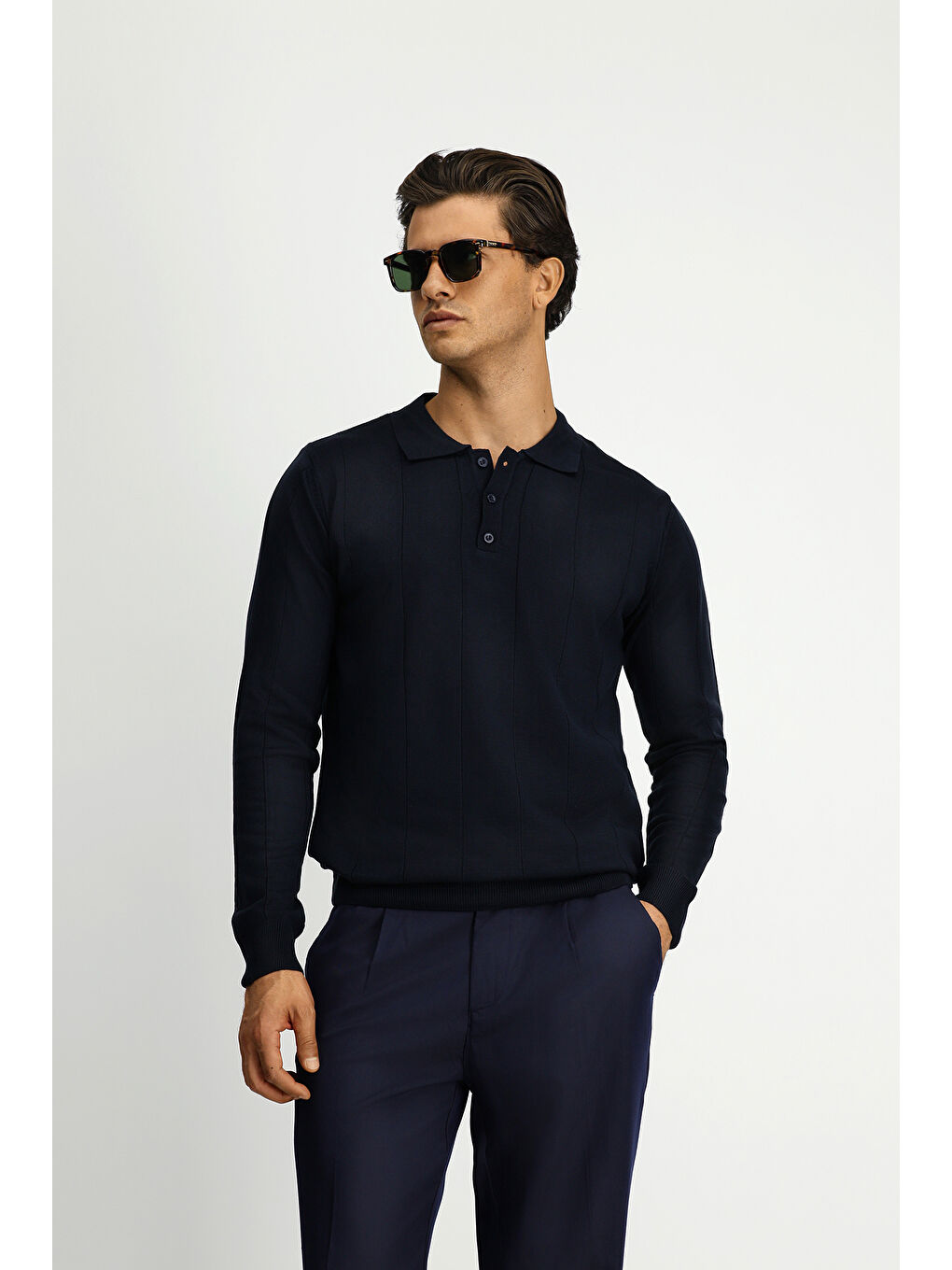 Lacivert Polo Yaka Regular Fit Desenli Triko Büyük Beden Kazak-2