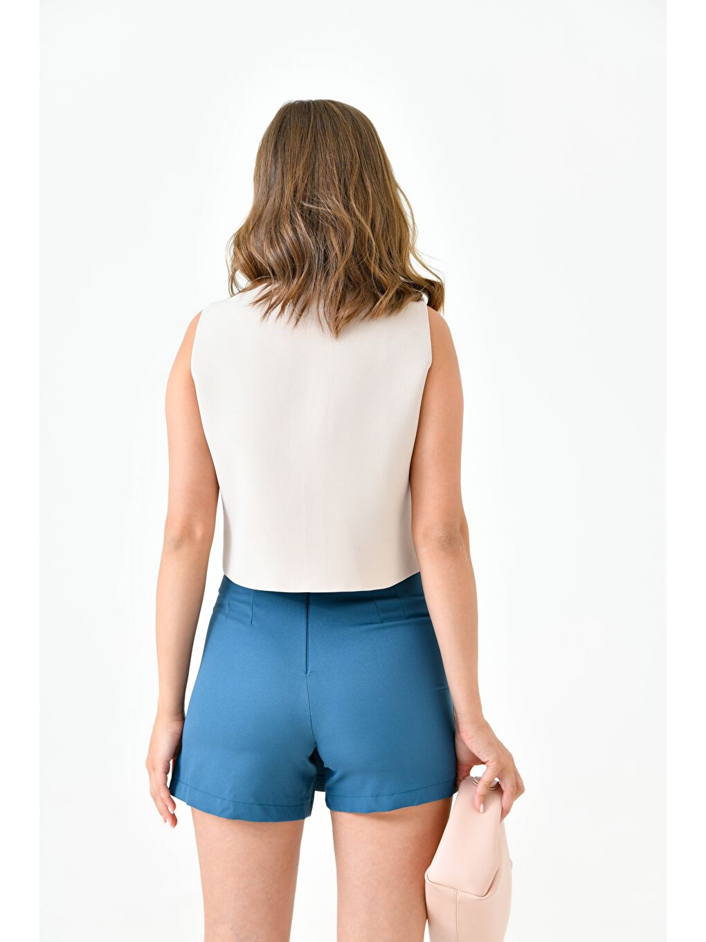 Bej Taş Fitted Düğmeli Dokuma Yelek-4