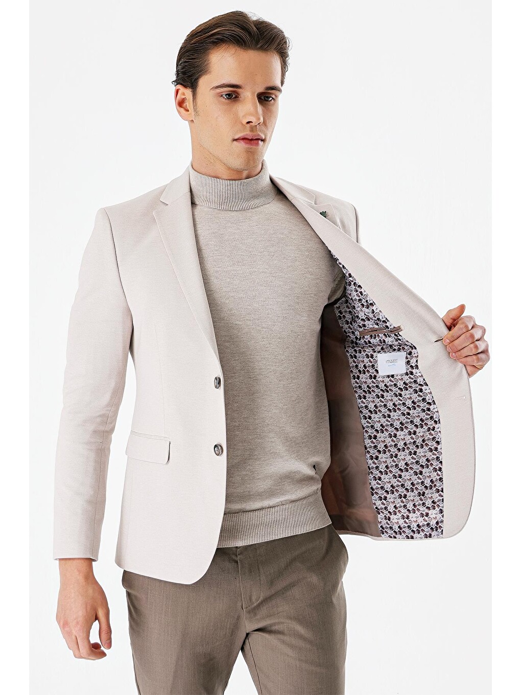 Bej Taş Rengi Desenli Mono Yaka Çift Yırtmaç Elastanlı 6 Drop Dar Kesim Klasik Blazer Ceket 1002240151-4
