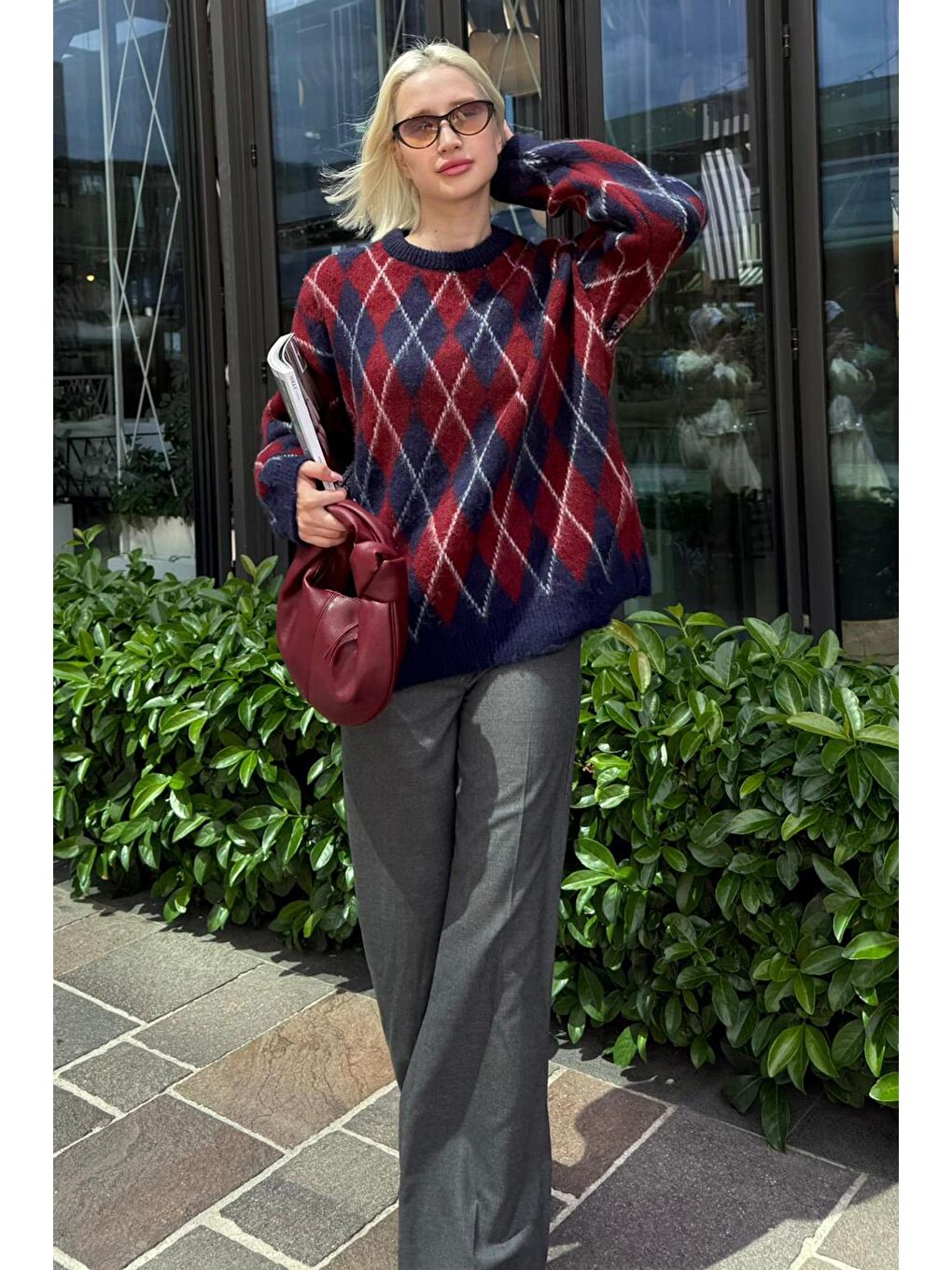 Lacivert Bisiklet Yaka Şardonlu Baklava Desenli Kazak Mg2493-3