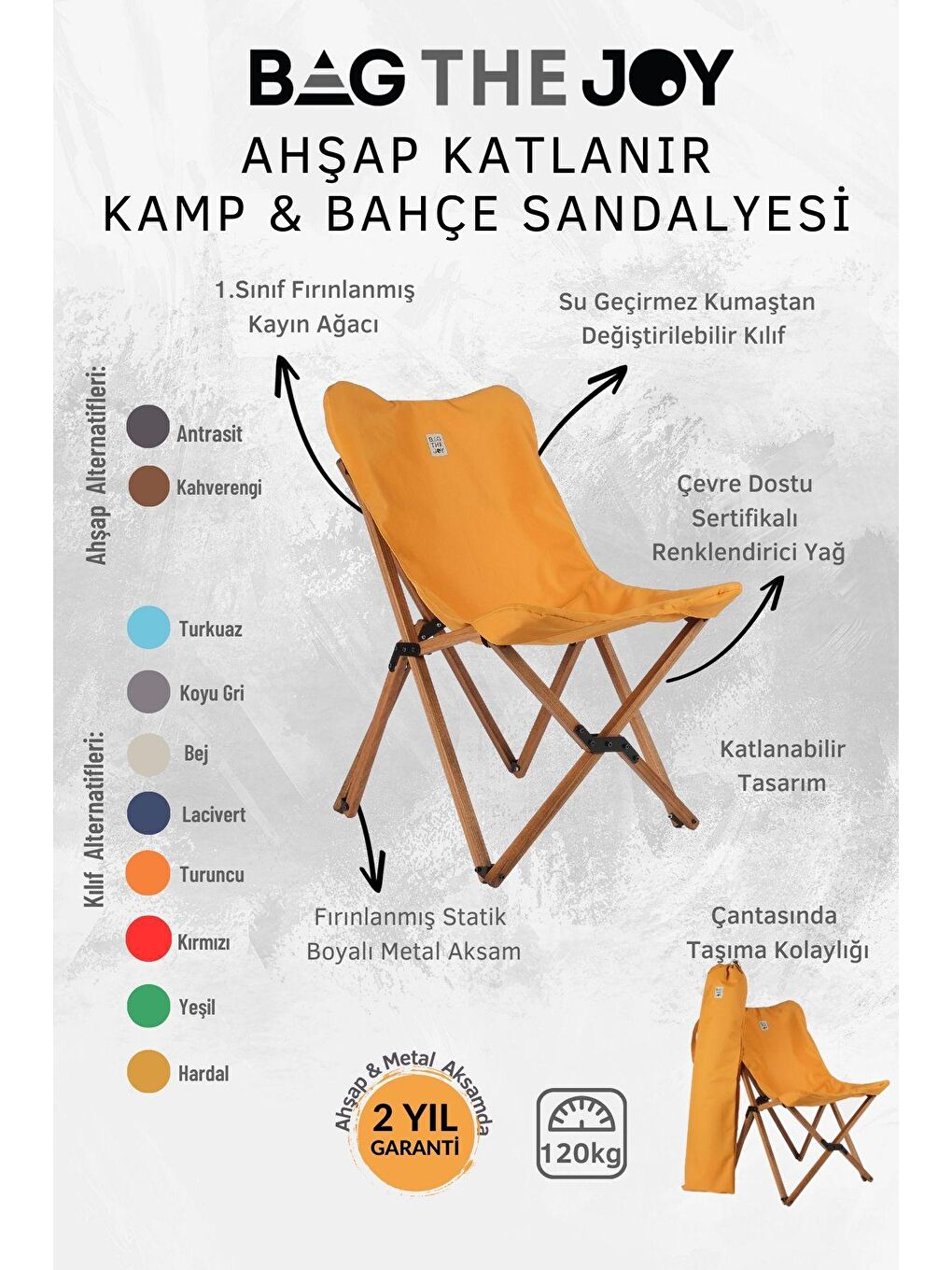 Bag The Joy Hardal Sarı Kahverengi İskelet – Hardal Kılıf Ahşap Katlanır Kamp & Bahçe Sandalyesi - 4