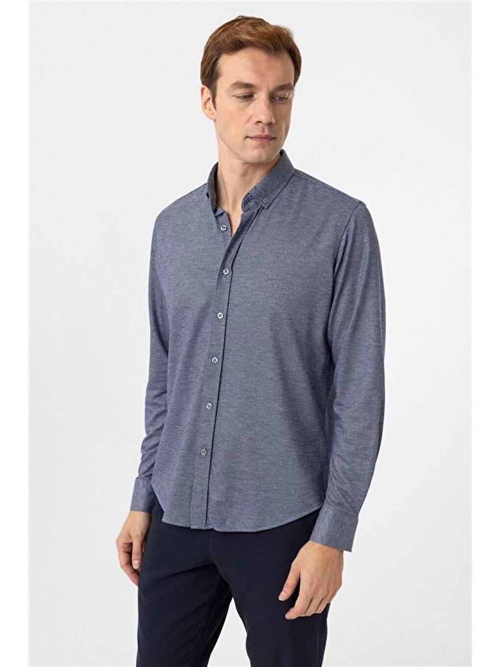 Lacivert Slim Armürlü Düğmeli Yaka Gömlek-1