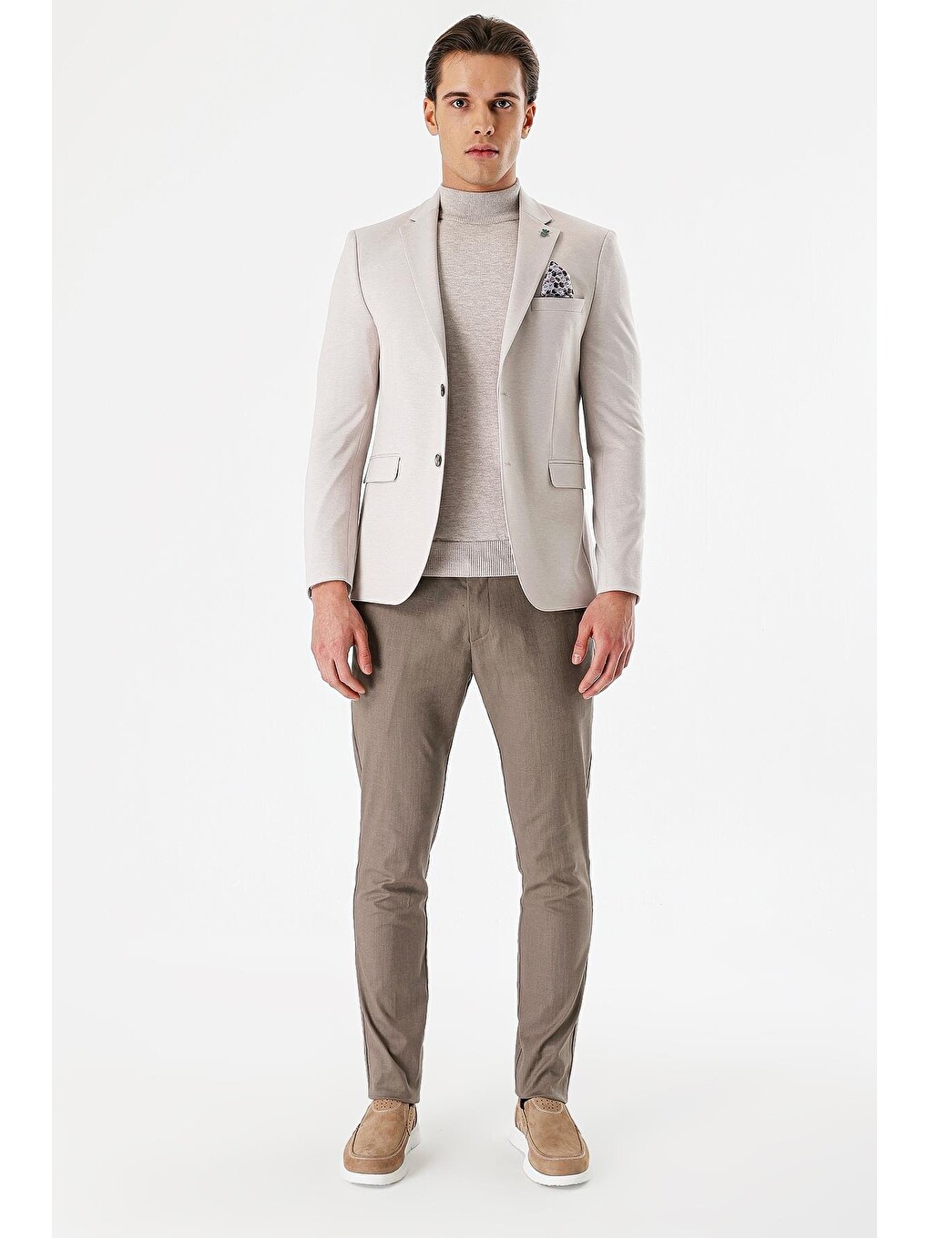 Bej Taş Rengi Desenli Mono Yaka Çift Yırtmaç Elastanlı 6 Drop Dar Kesim Klasik Blazer Ceket 1002240151-5
