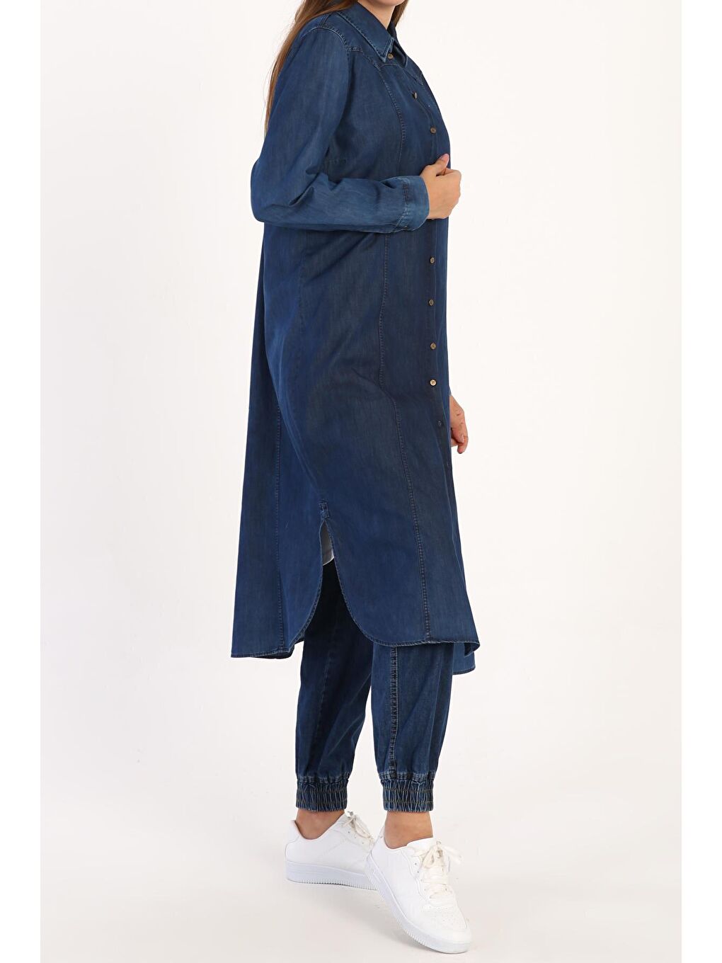 Orta Mavi Parçalı Denim Gömlek Tunik-3