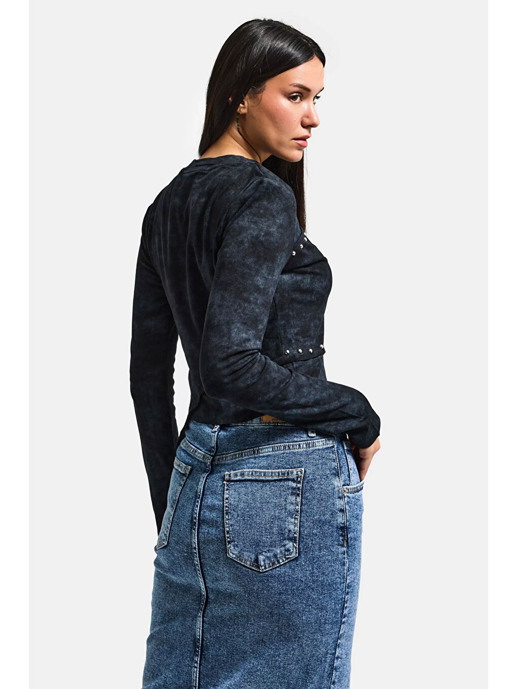 Kadın Siyah Antrasit w5 Asimetrik Kesim Drop Detaylı Özel Tasarım Crop Top-3