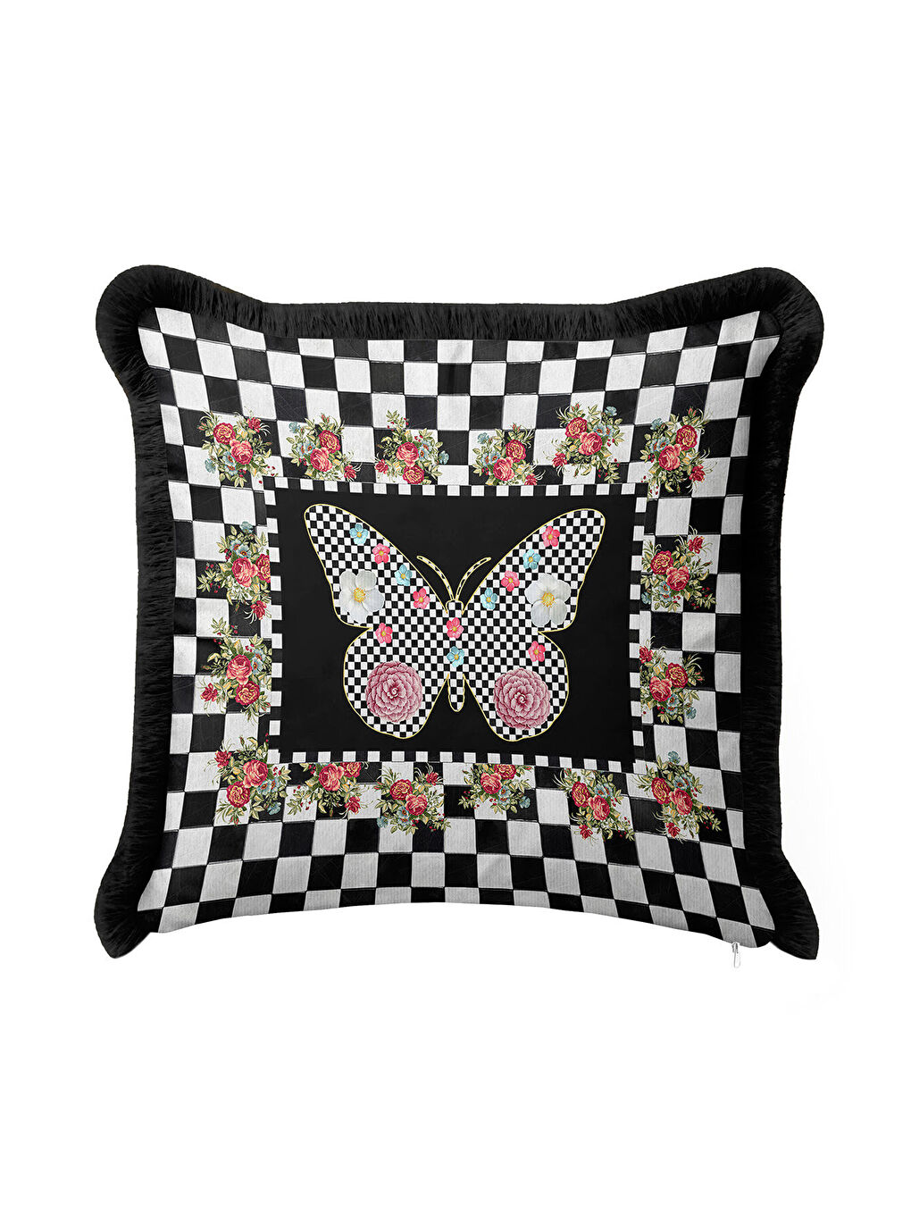 Karışık Zarif Ekose Kelebek Saçaklı Yastık Kılıfı-Gül Motifli Bohem Siyah Püsküllü Kırlent Kılıfı-2