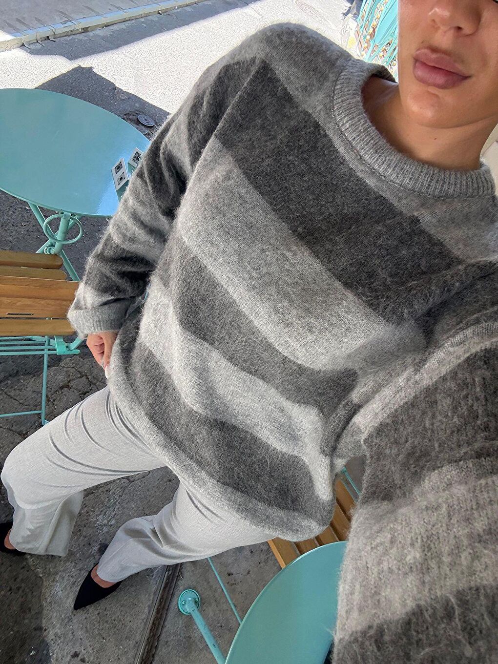 Antrasit Bisiklet Yaka Çizgili Triko Kadın Kazak Mg2472-5