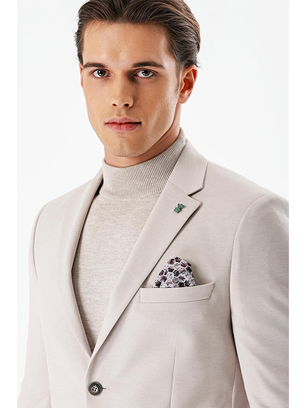 Bej Taş Rengi Desenli Mono Yaka Çift Yırtmaç Elastanlı 6 Drop Dar Kesim Klasik Blazer Ceket 1002240151-6