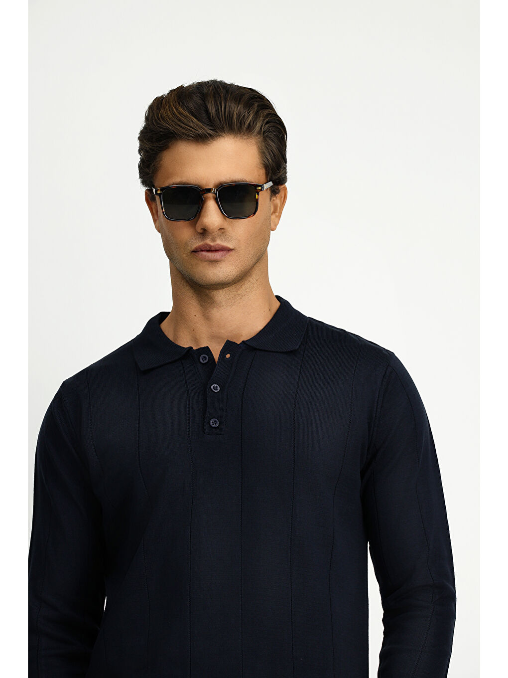 Lacivert Polo Yaka Regular Fit Desenli Triko Büyük Beden Kazak-3