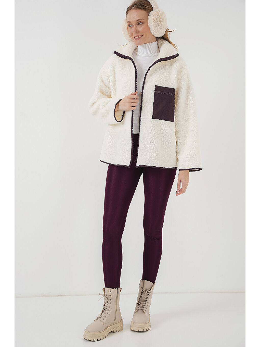 55446 Fermuarlı Oversize Pelüş Ceket Mont   Mor-1