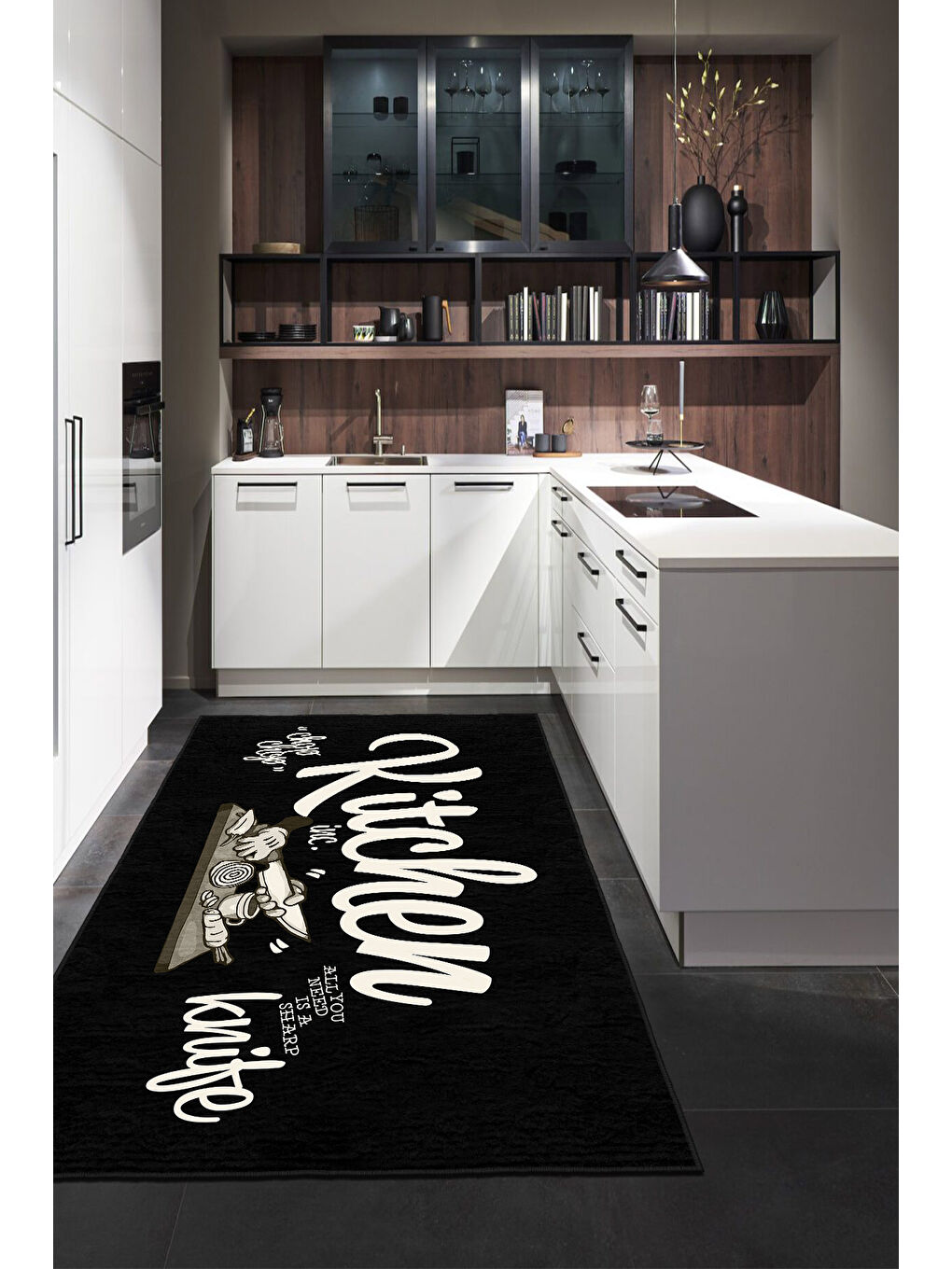 Siyah Dekoratif Özel Tasarım Yıkanabilir İnce Kaymaz Tabanlı Modern Halı KECE FR43-3