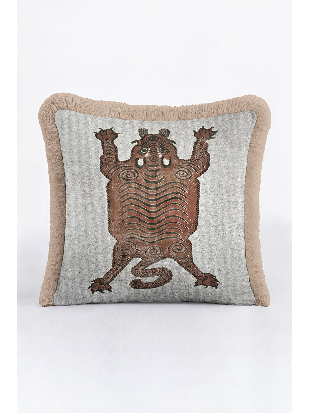 Karışık Sanat Esintili Saçaklı Yastık Kılıfı - Tribal Ruhlu Bohem Bej Kahverengi Püsküllü Kırlent Kılıfı-4