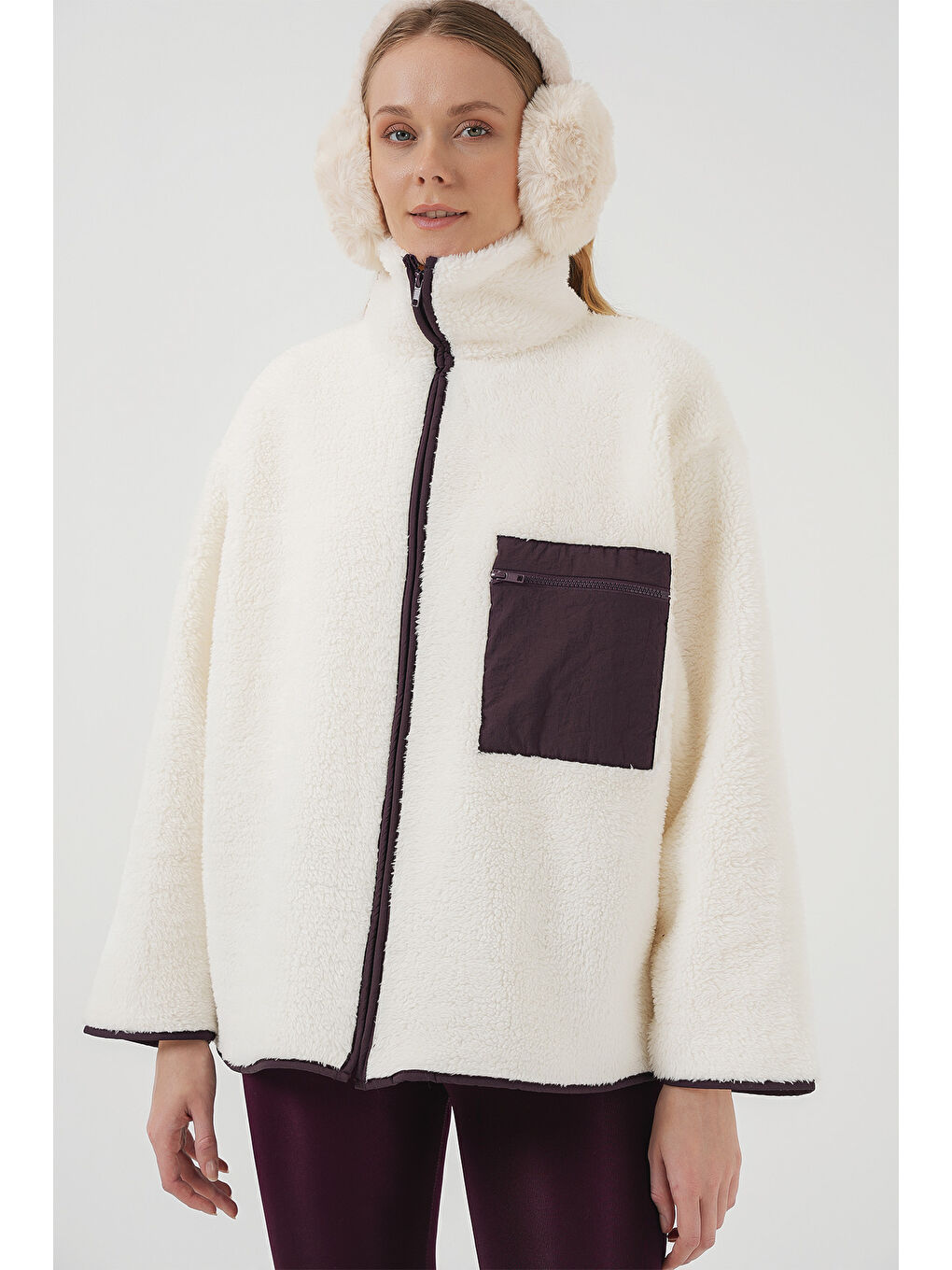 55446 Fermuarlı Oversize Pelüş Ceket Mont   Mor-2