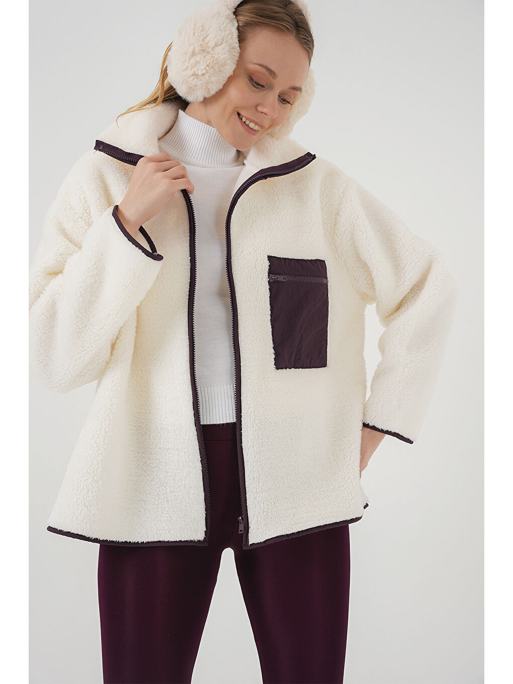 55446 Fermuarlı Oversize Pelüş Ceket Mont   Mor-3