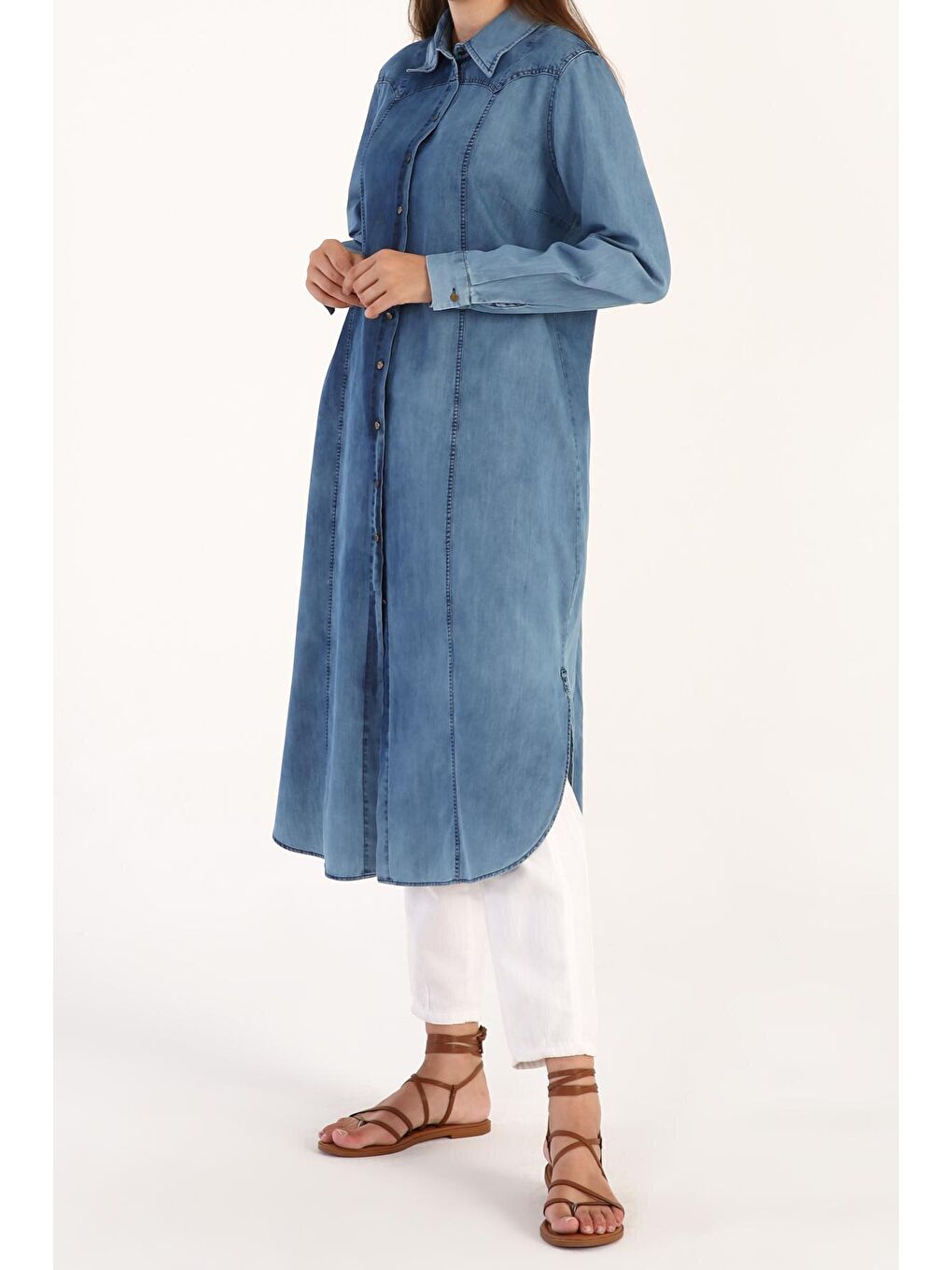 Açık Mavi Parçalı Denim Gömlek Tunik-3