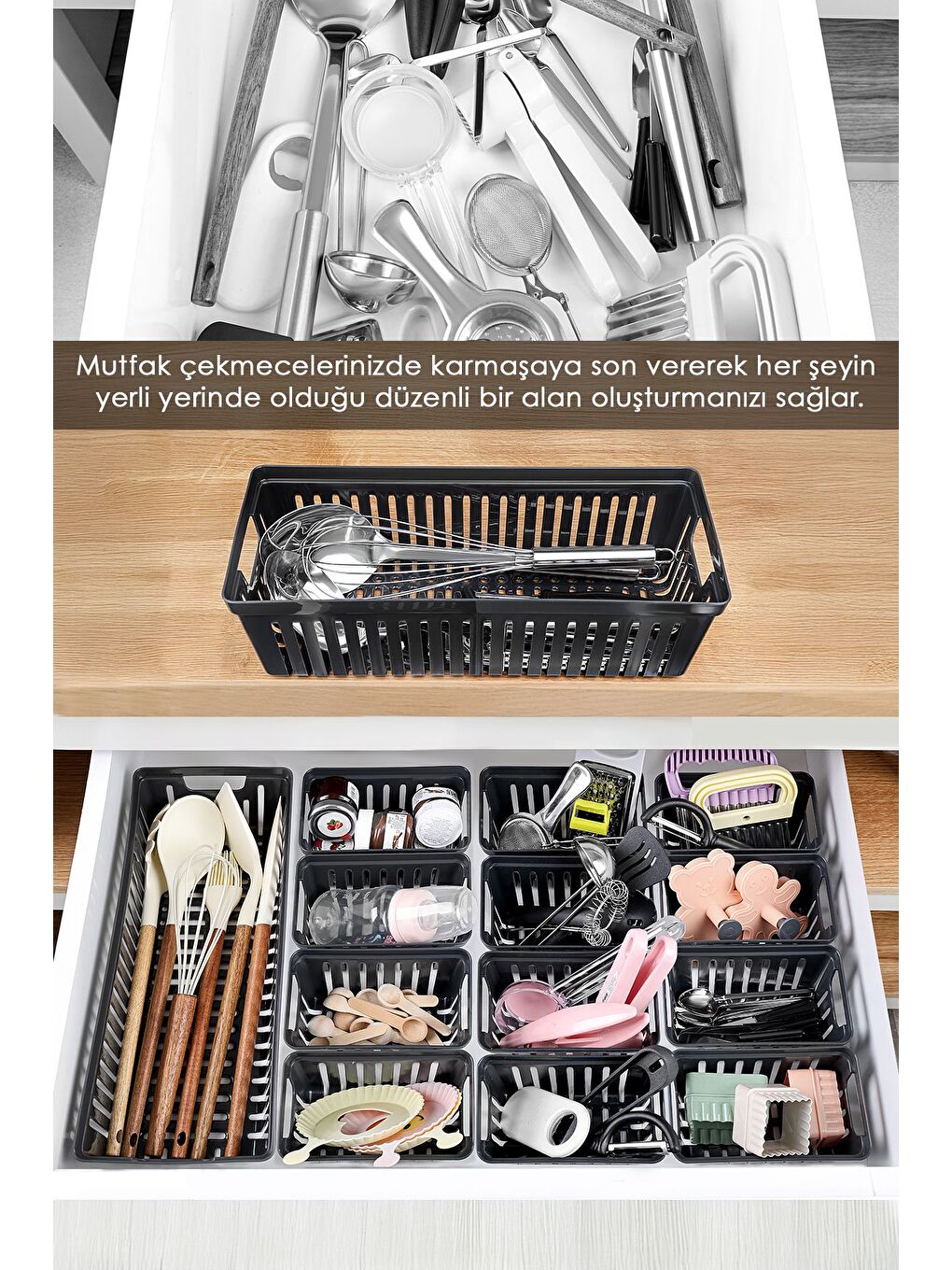 14 Parça Modüler Kaşıklık Seti Çok Amaçlı Çekmece İçi Düzenleyici Mutfak Organizer Kepçelik Siyah-1