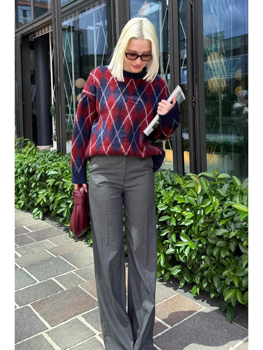 Lacivert Bisiklet Yaka Şardonlu Baklava Desenli Kazak Mg2493-5