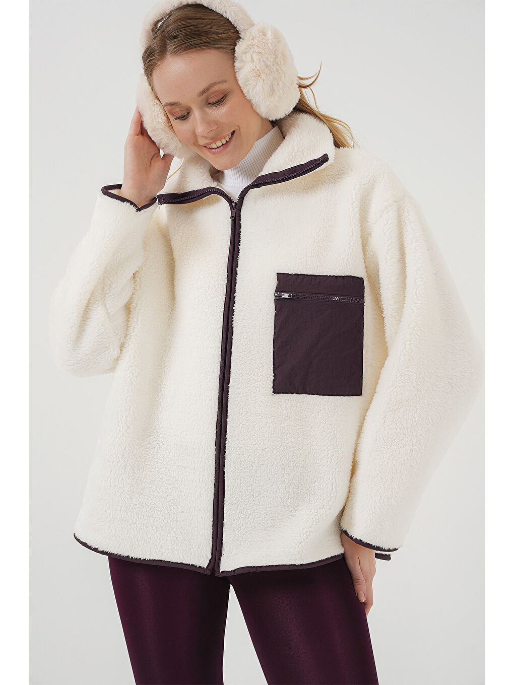 55446 Fermuarlı Oversize Pelüş Ceket Mont   Mor-4