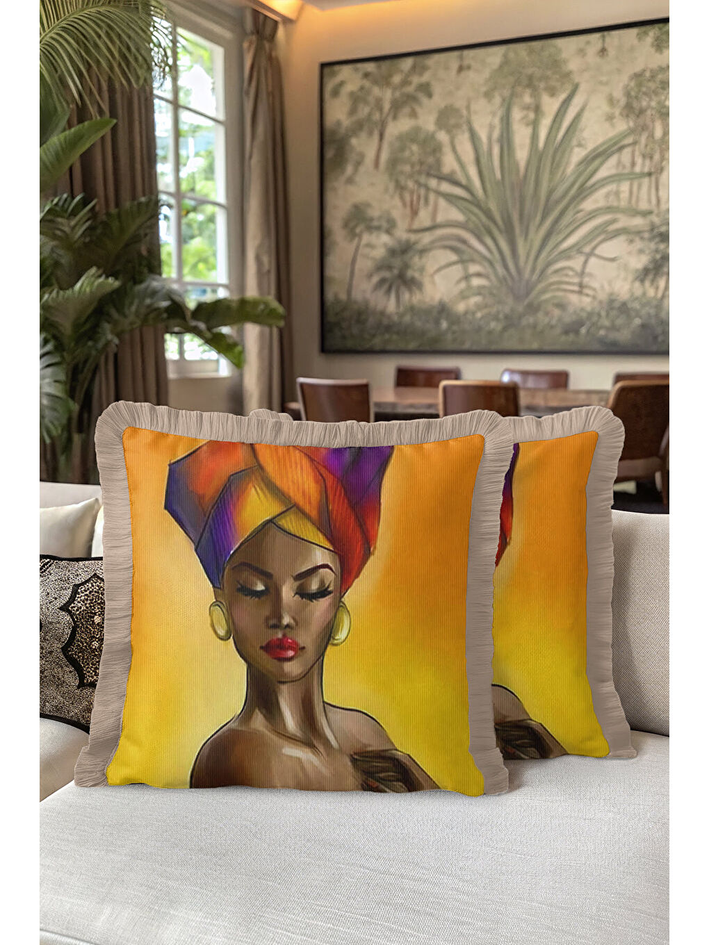 Karışık Afrika Portre Sanat Saçaklı Yastık Kılıfı - Etnik Bohem Sıcak Renkler Püsküllü Kırlent Kılıfı-5