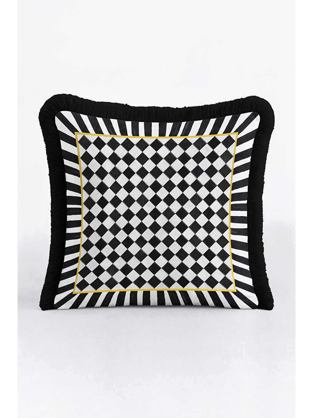 Karışık Luks Geometrik Saçaklı Yastık Kılıfı - Monokrom Optik Modern Siyah Beyaz Püsküllü Kırlent Kılıfı