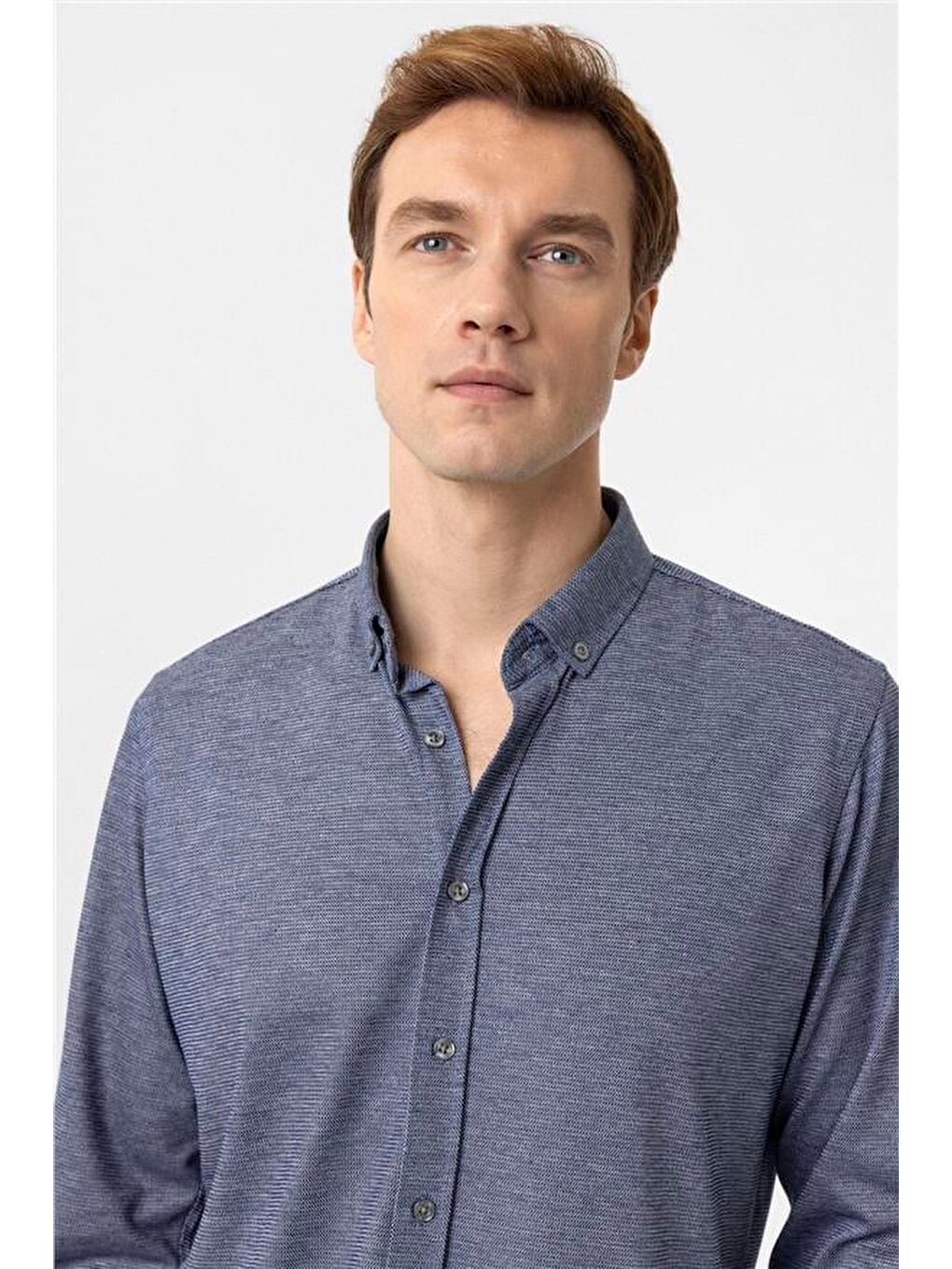 Lacivert Slim Armürlü Düğmeli Yaka Gömlek-3