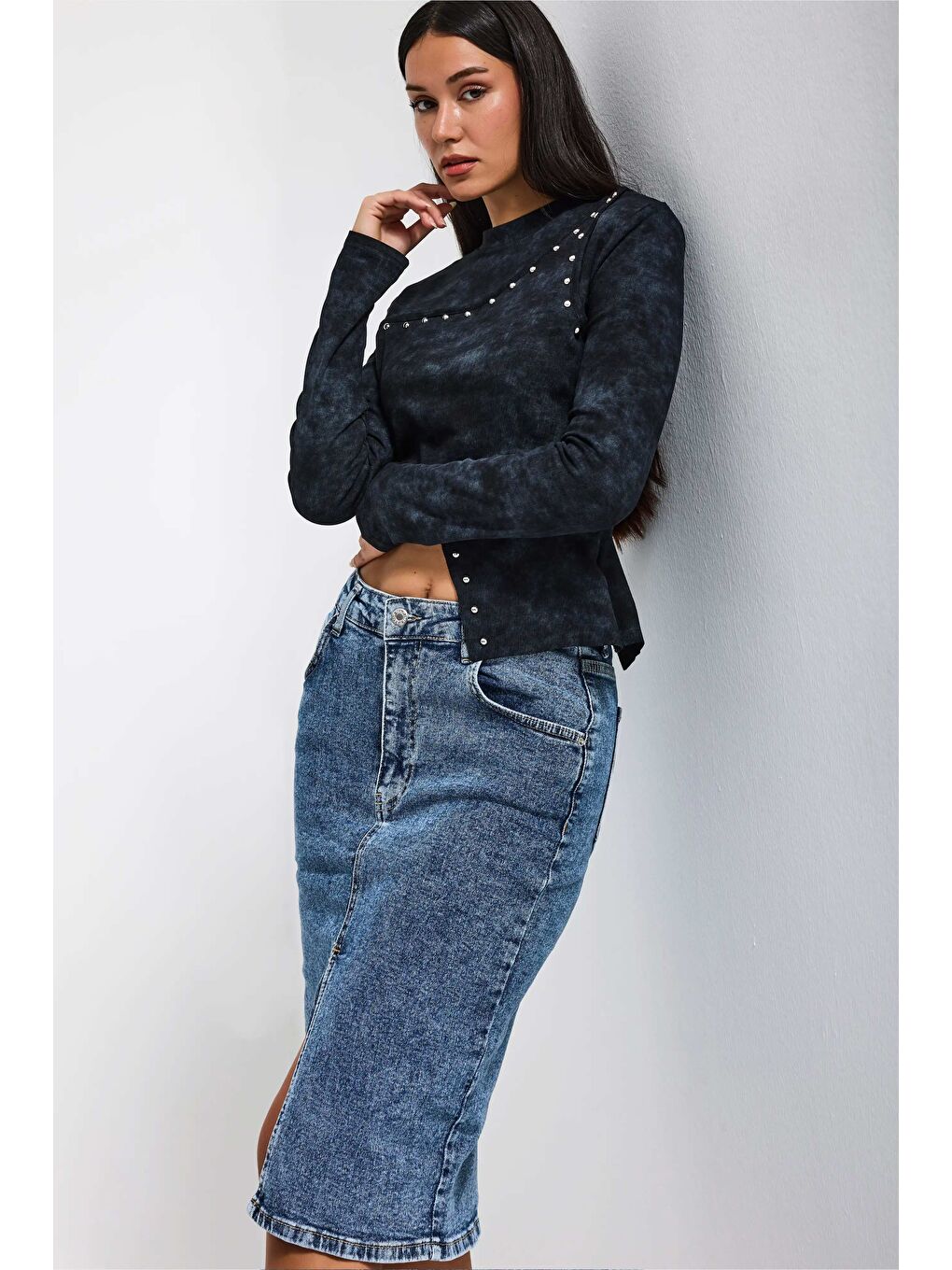 Kadın Siyah Antrasit w5 Asimetrik Kesim Drop Detaylı Özel Tasarım Crop Top-4