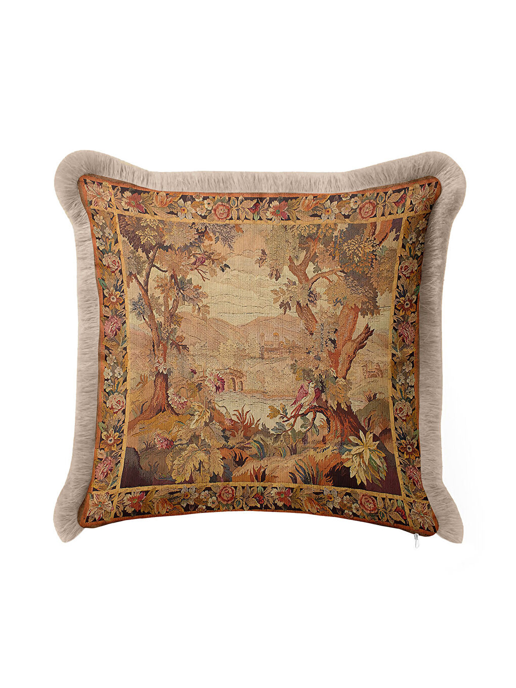 Karışık Klasik Fransız Goblen Manzara Saçaklı Yastık Kılıfı - Vintage Rustik Bej Püsküllü Kırlent Kılıfı-4