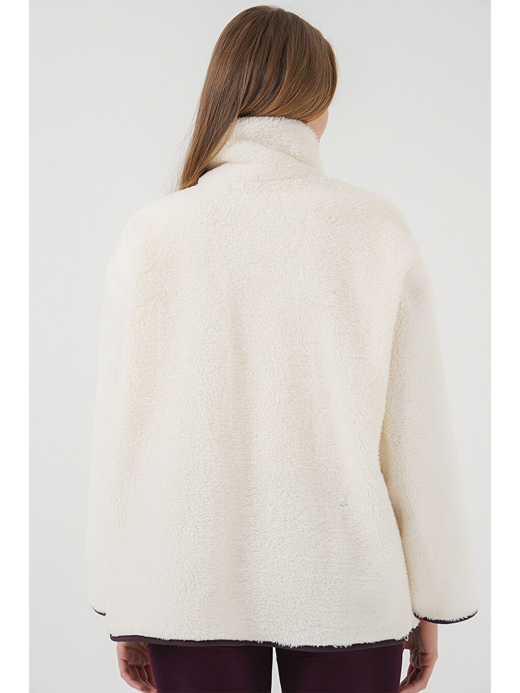 55446 Fermuarlı Oversize Pelüş Ceket Mont   Mor-6