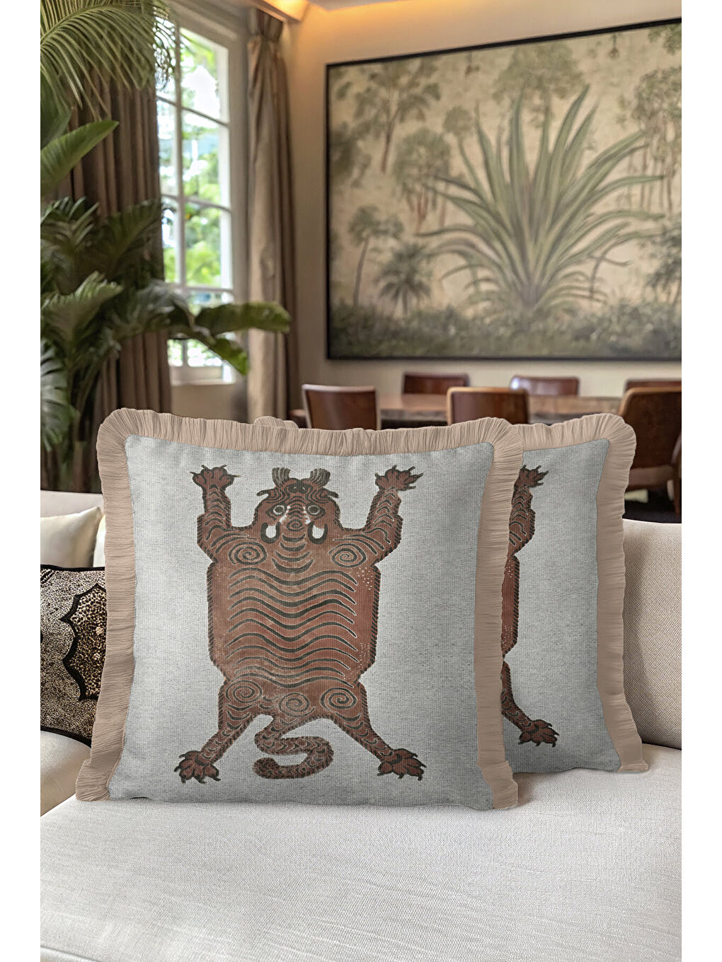 Karışık Sanat Esintili Saçaklı Yastık Kılıfı - Tribal Ruhlu Bohem Bej Kahverengi Püsküllü Kırlent Kılıfı-5