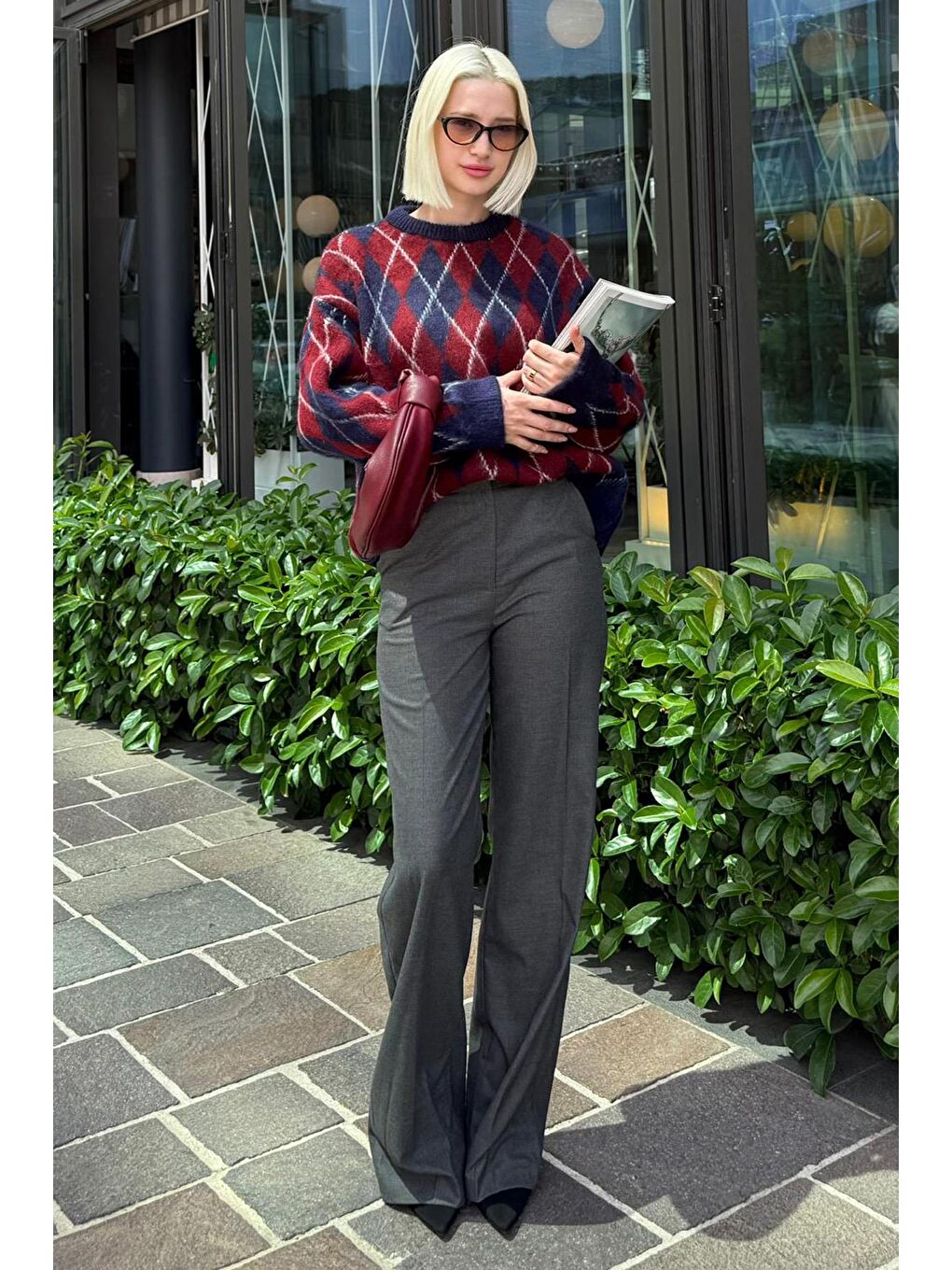 Lacivert Bisiklet Yaka Şardonlu Baklava Desenli Kazak Mg2493-6