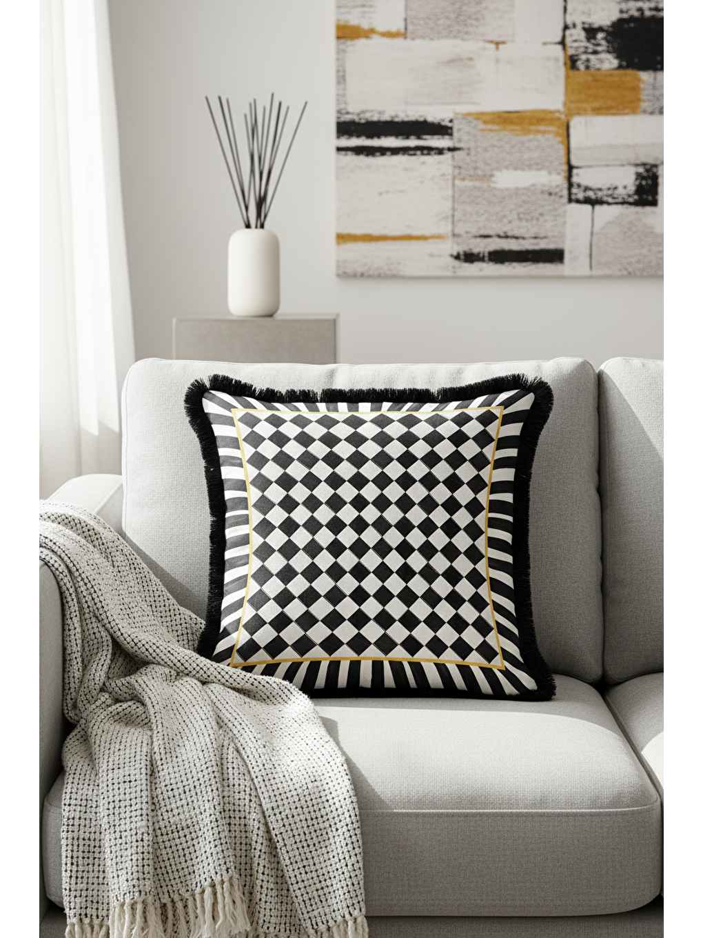 Karışık Luks Geometrik Saçaklı Yastık Kılıfı - Monokrom Optik Modern Siyah Beyaz Püsküllü Kırlent Kılıfı-1