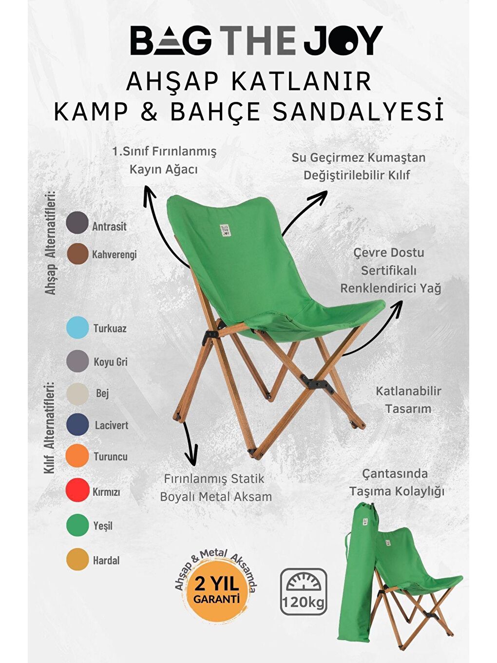 Bag The Joy Yeşil Kahverengi İskelet –Yeşil Kılıf Ahşap Katlanır Kamp & Bahçe Sandalyesi - 4