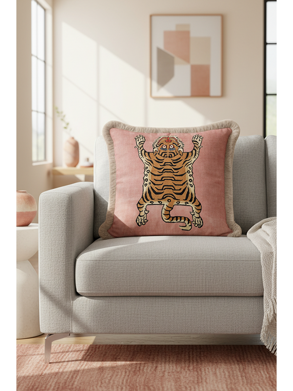 Karışık Lüks Kaplan Figürlü Saçaklı Yastık Kılıfı - Asya Esintili Bohem Pudra Gold Püsküllü Kırlent Kılıfı-3