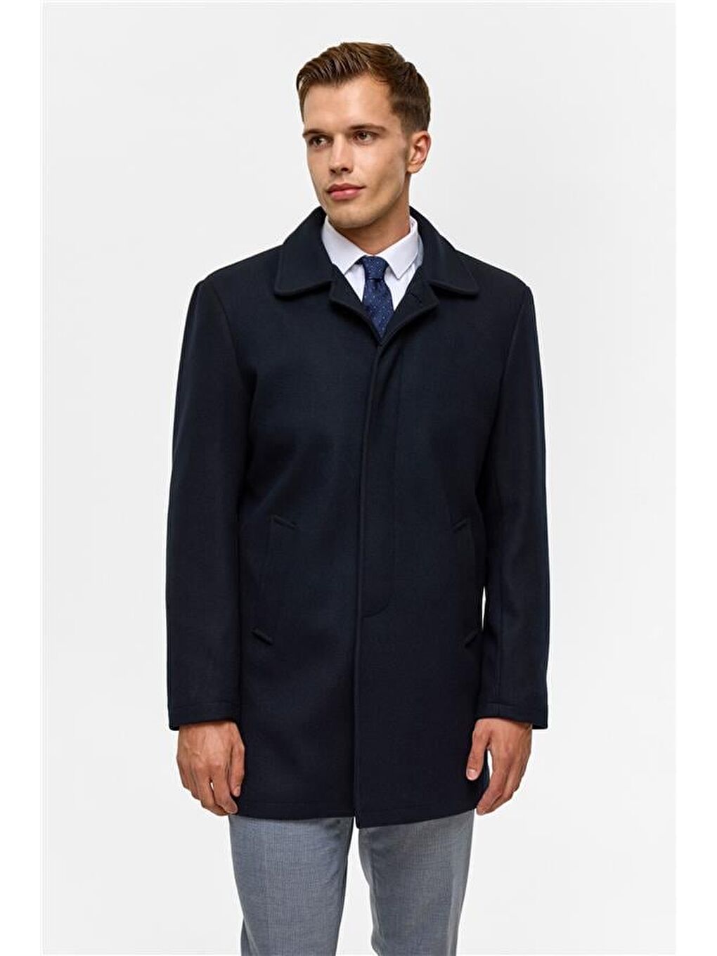 Lacivert Regular Düz Bebe Yaka Kaban-1