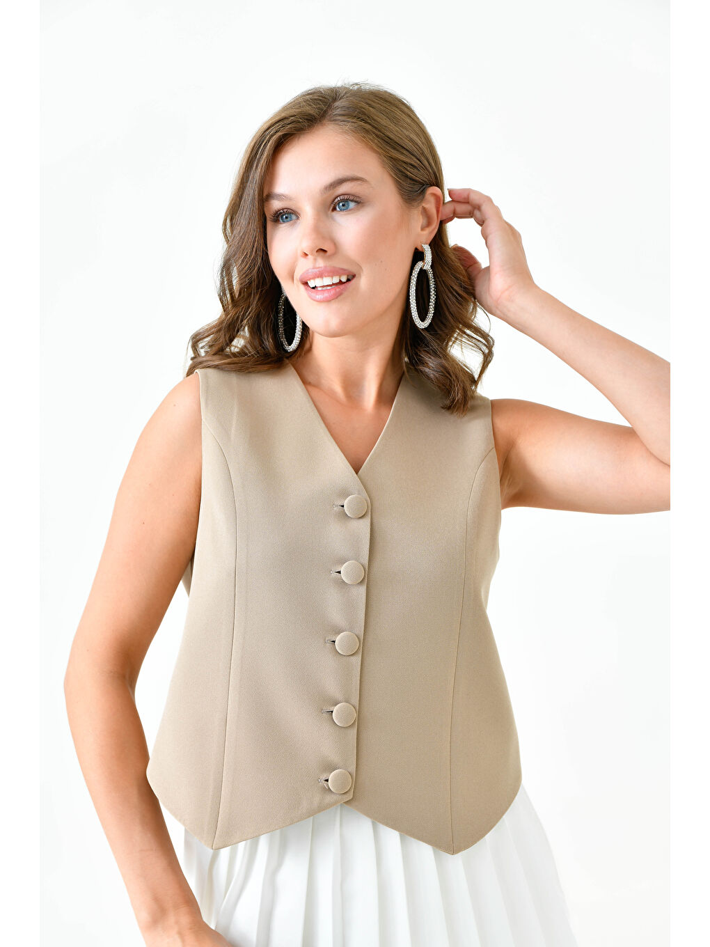 Bej Vizon Fitted Düğmeli Dokuma Yelek-2