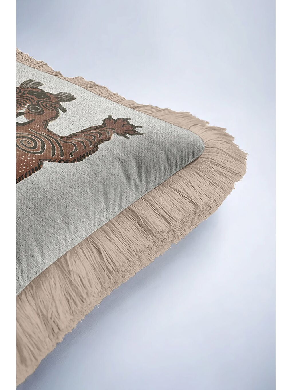 Karışık Sanat Esintili Saçaklı Yastık Kılıfı - Tribal Ruhlu Bohem Bej Kahverengi Püsküllü Kırlent Kılıfı-6