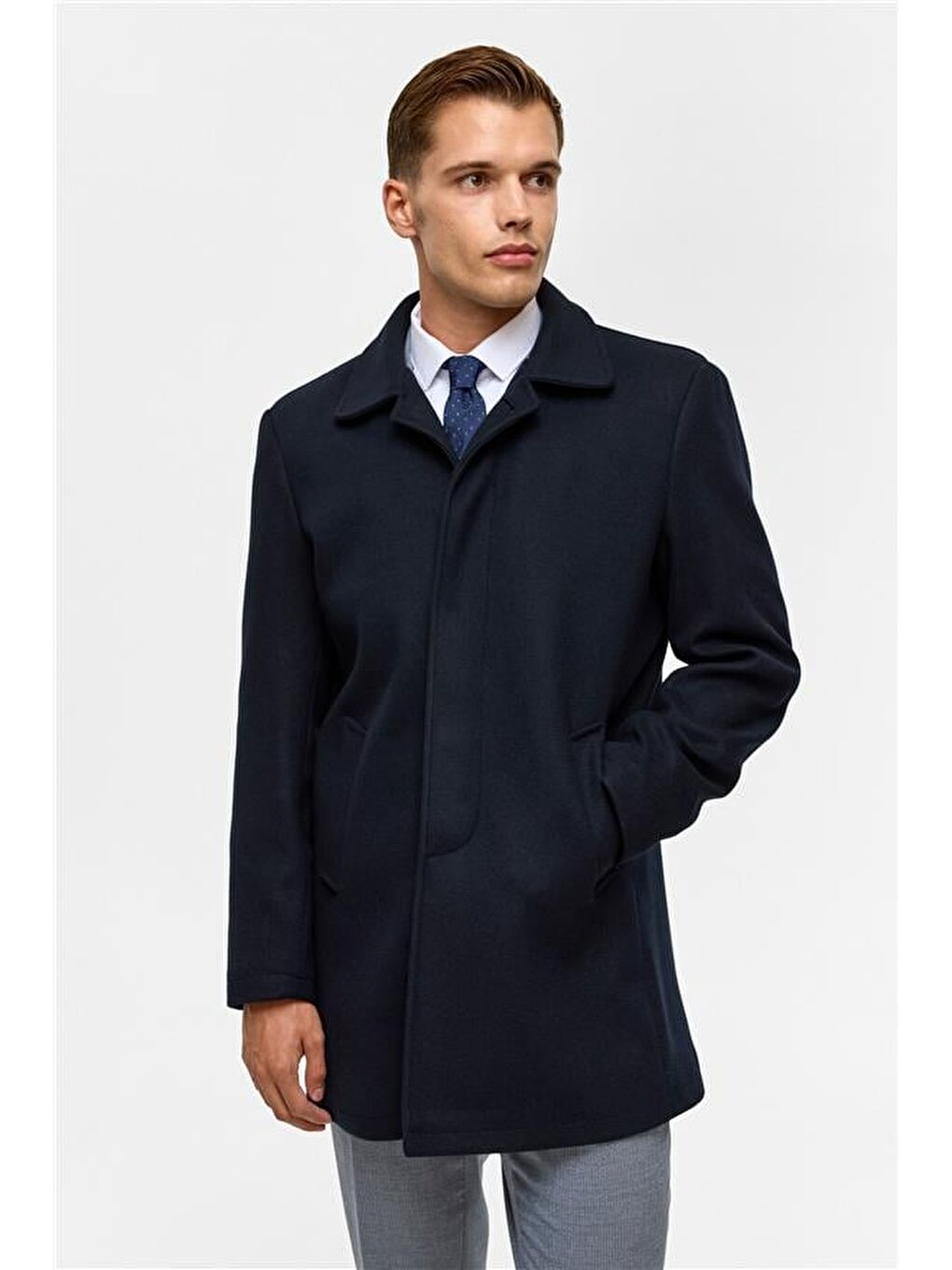 Lacivert Regular Düz Bebe Yaka Kaban-2