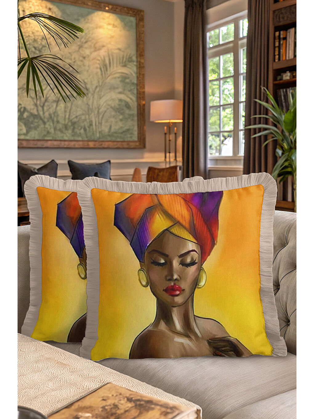 Karışık Afrika Portre Sanat Saçaklı Yastık Kılıfı - Etnik Bohem Sıcak Renkler Püsküllü Kırlent Kılıfı-7