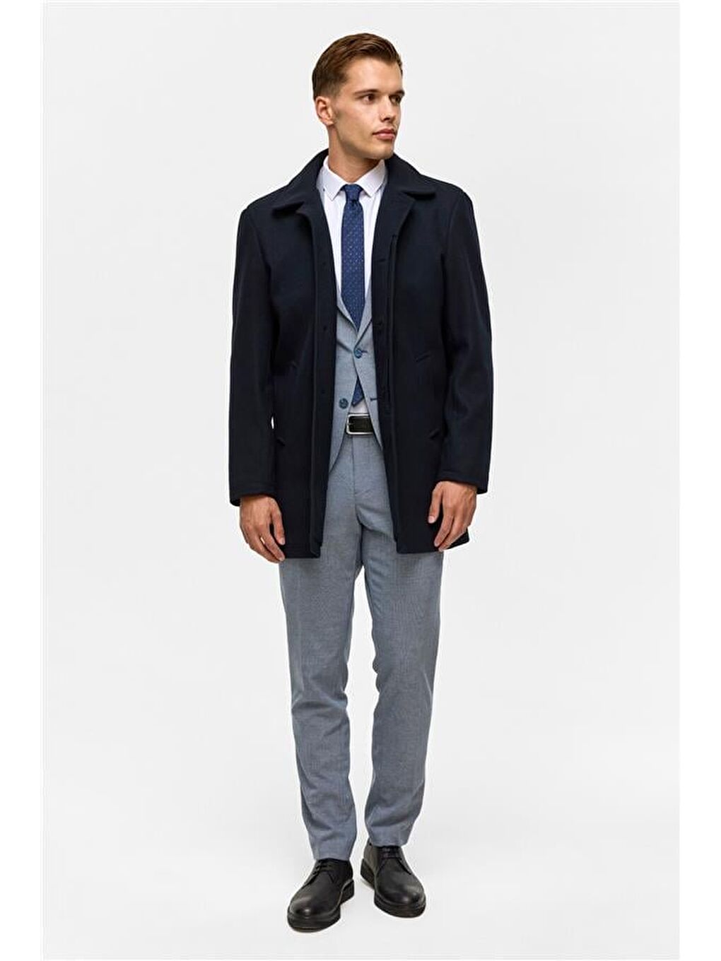 Lacivert Regular Düz Bebe Yaka Kaban-3