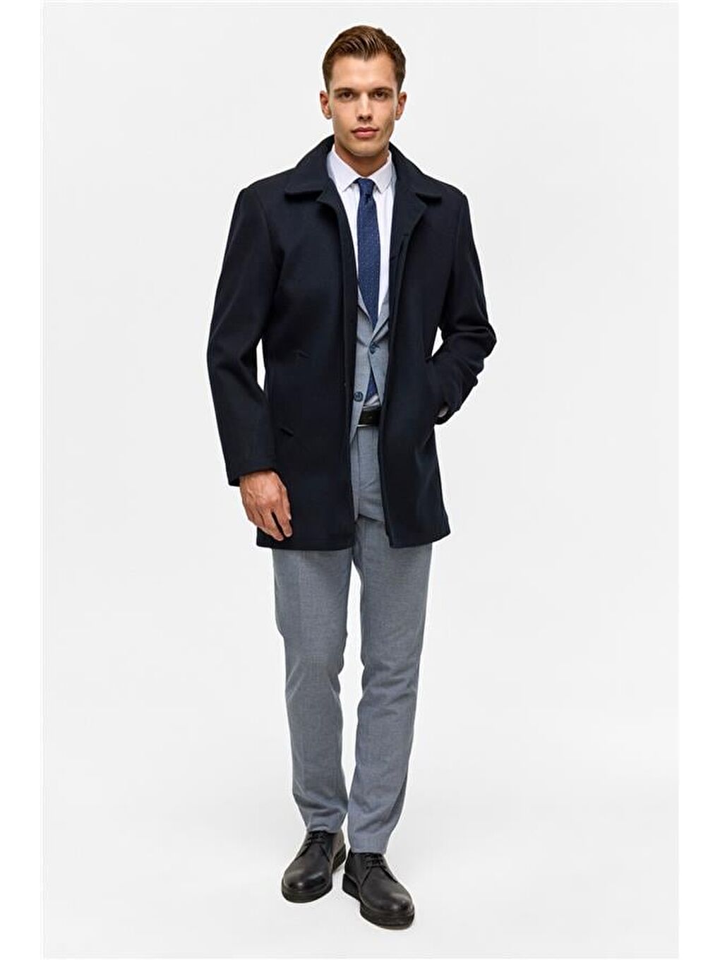 Lacivert Regular Düz Bebe Yaka Kaban-4