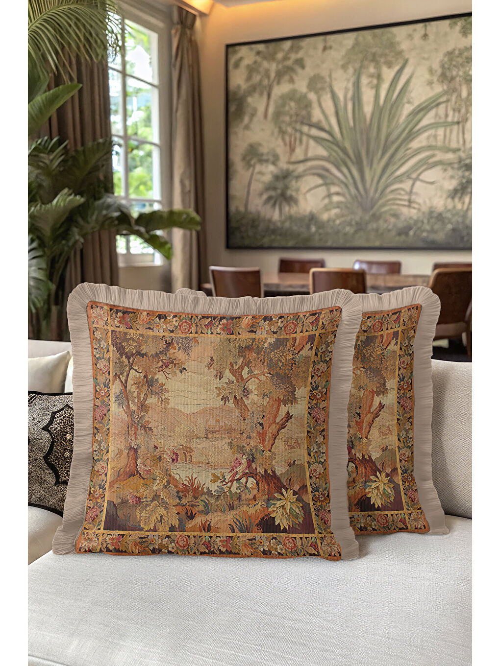 Karışık Klasik Fransız Goblen Manzara Saçaklı Yastık Kılıfı - Vintage Rustik Bej Püsküllü Kırlent Kılıfı-5