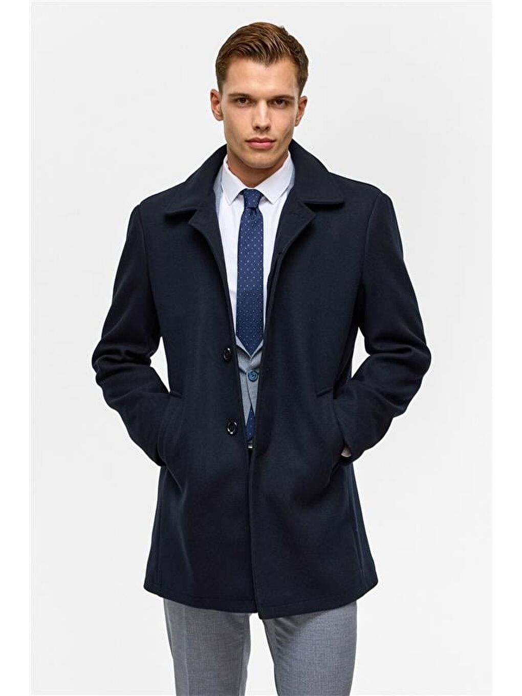 Lacivert Regular Düz Bebe Yaka Kaban-5