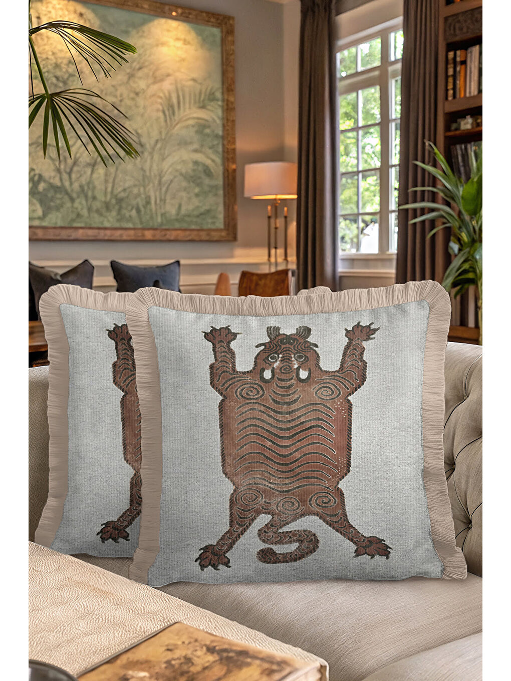 Karışık Sanat Esintili Saçaklı Yastık Kılıfı - Tribal Ruhlu Bohem Bej Kahverengi Püsküllü Kırlent Kılıfı-7