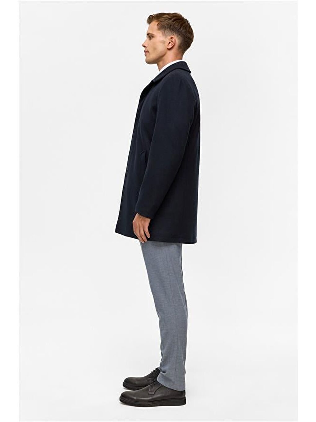 Lacivert Regular Düz Bebe Yaka Kaban-8