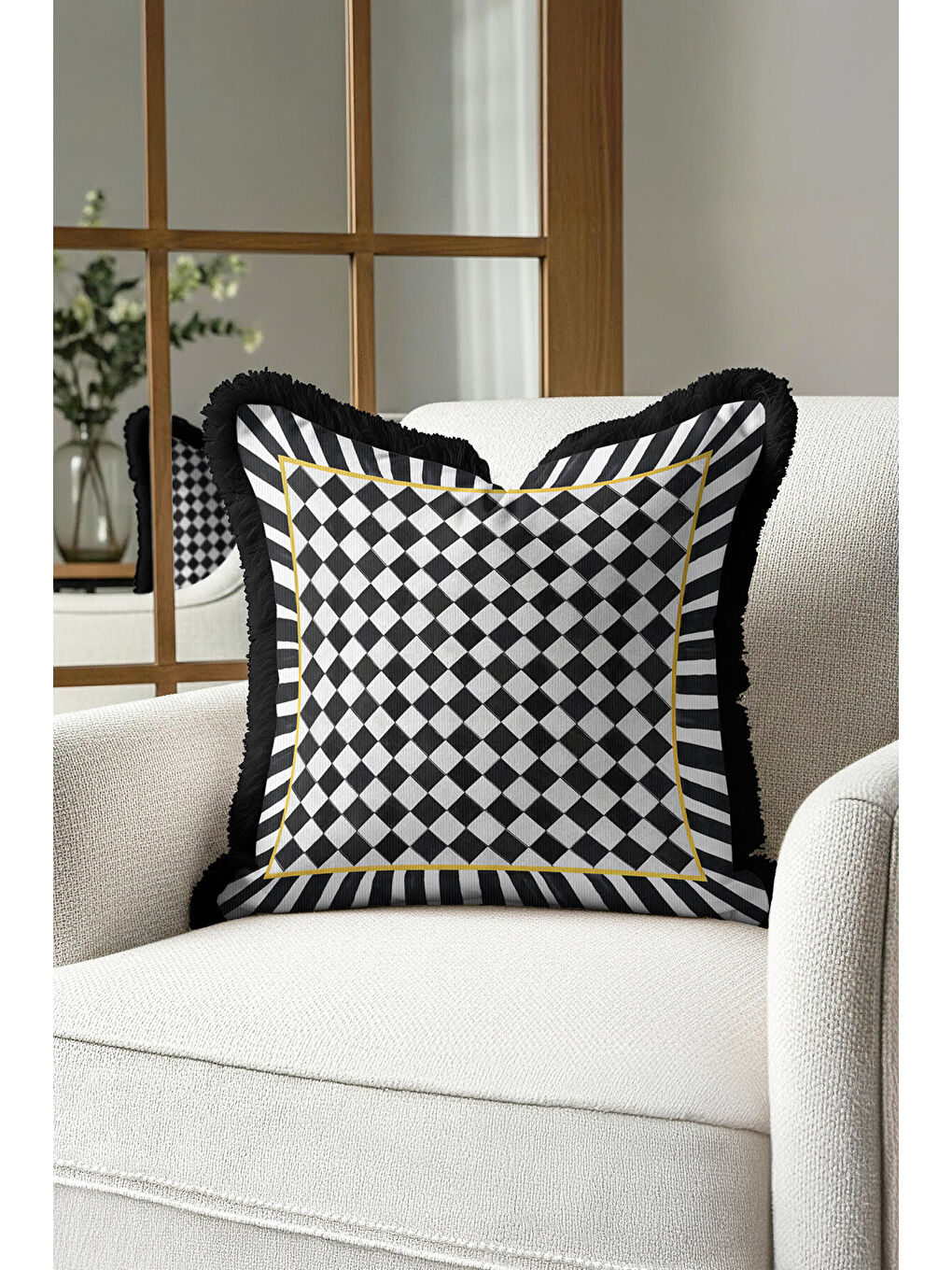 Karışık Luks Geometrik Saçaklı Yastık Kılıfı - Monokrom Optik Modern Siyah Beyaz Püsküllü Kırlent Kılıfı-2