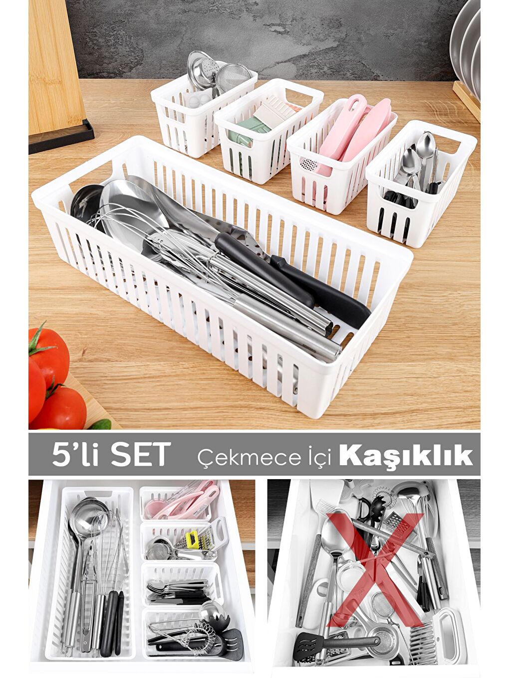 5 Parça Modüler Kaşıklık Seti Çok Amaçlı Çekmece İçi Düzenleyici Mutfak Organizer Kepçelik Beyaz