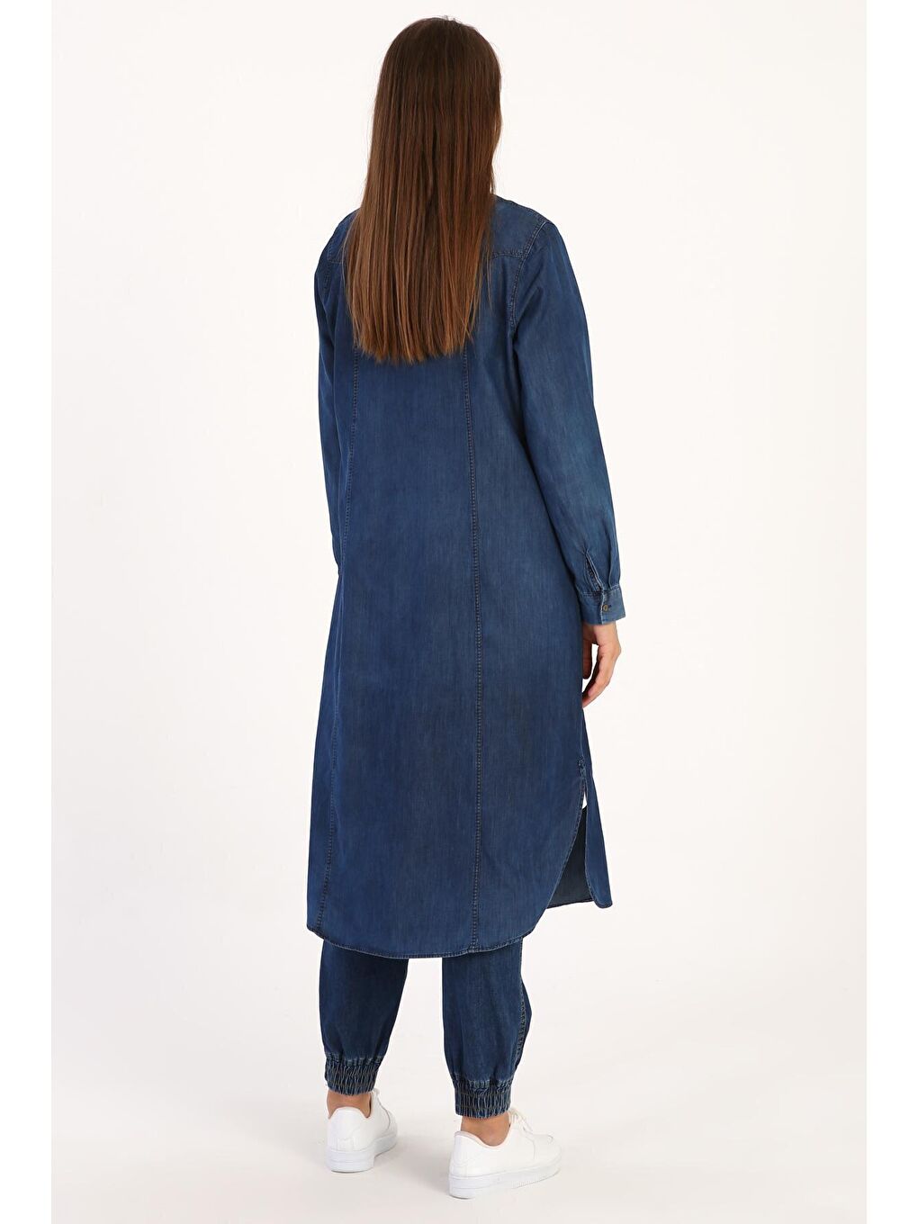 Orta Mavi Parçalı Denim Gömlek Tunik-4