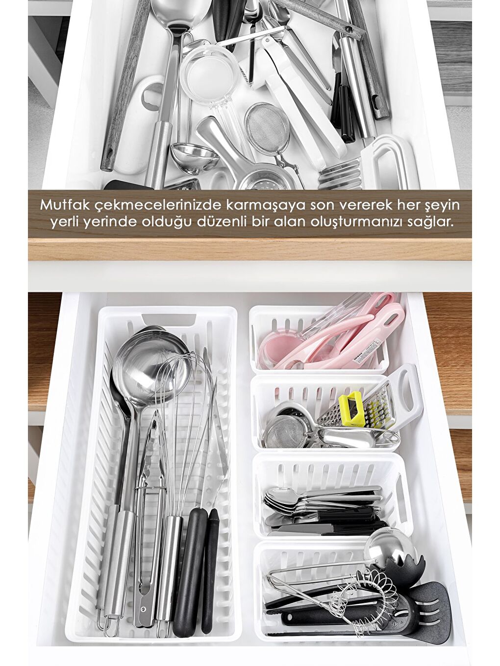 5 Parça Modüler Kaşıklık Seti Çok Amaçlı Çekmece İçi Düzenleyici Mutfak Organizer Kepçelik Beyaz-1