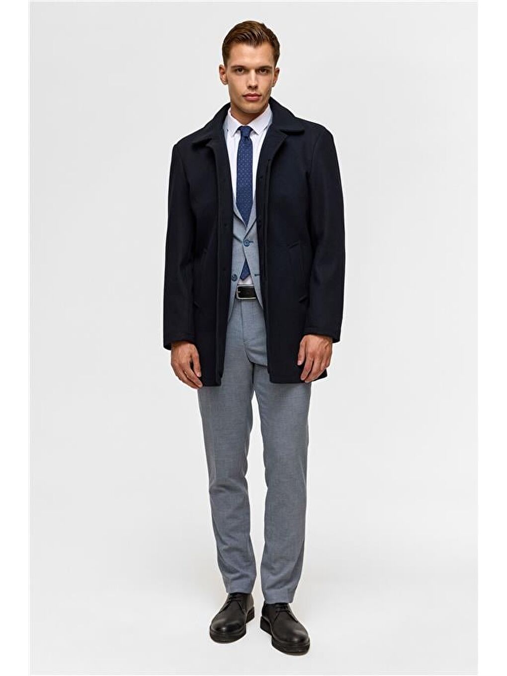 Lacivert Regular Düz Bebe Yaka Kaban-10