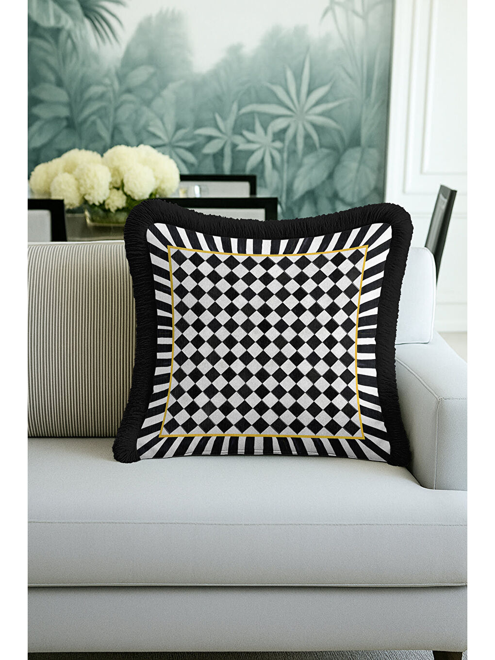 Karışık Luks Geometrik Saçaklı Yastık Kılıfı - Monokrom Optik Modern Siyah Beyaz Püsküllü Kırlent Kılıfı-3